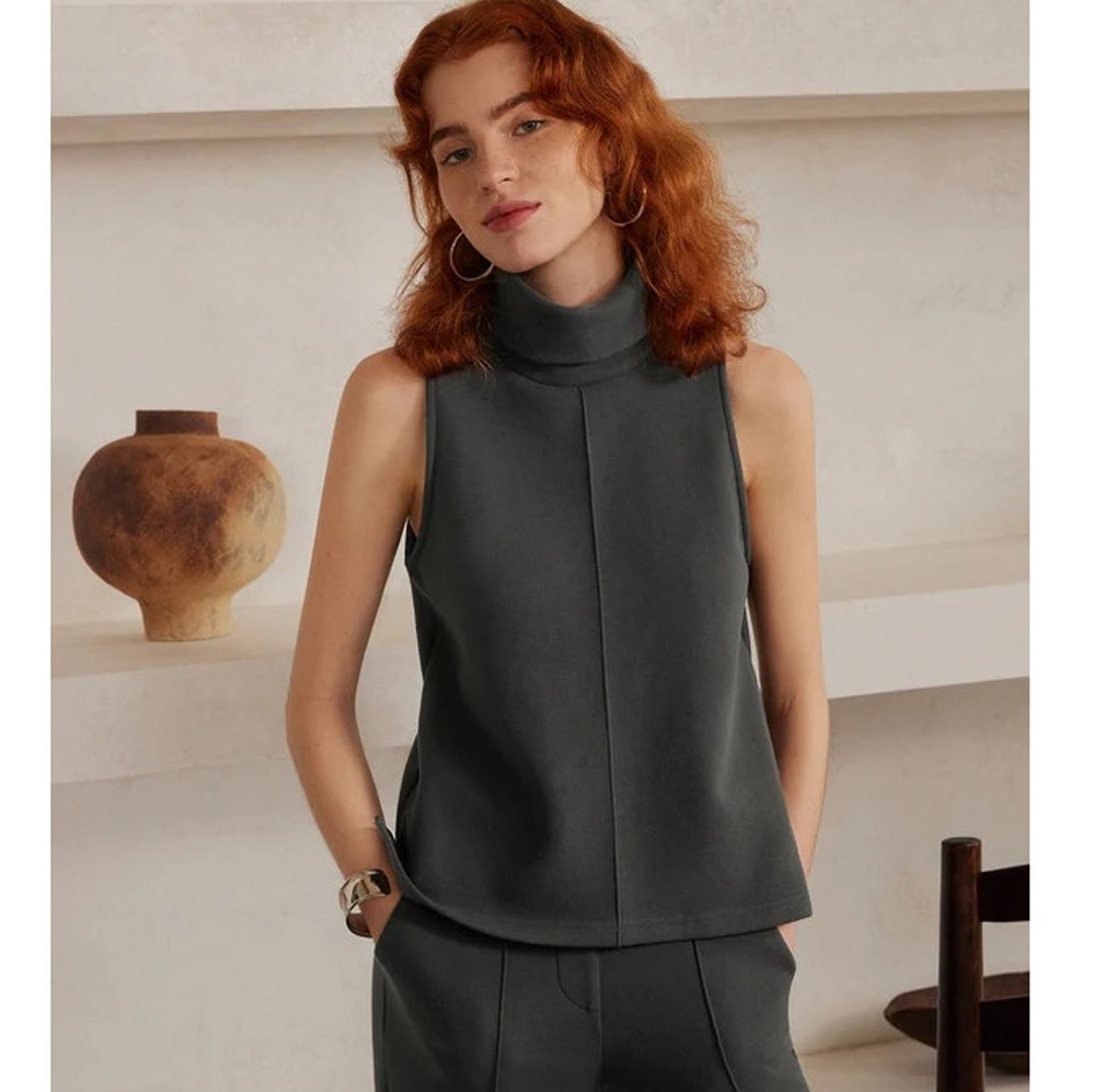 OGL Turtleneck Split Hem Top Sleeveless FuzzLuxe Deep Grey Size XS